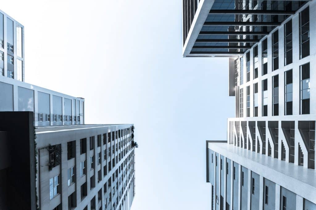 a white and blue commercial building