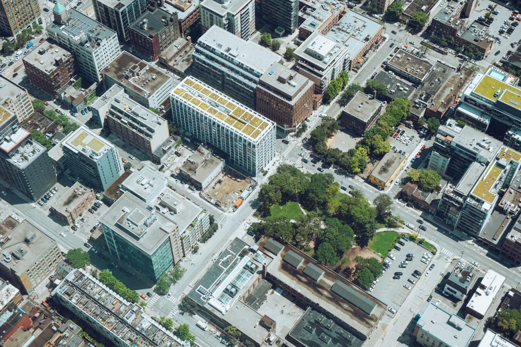 Aerial view of commercial buildings