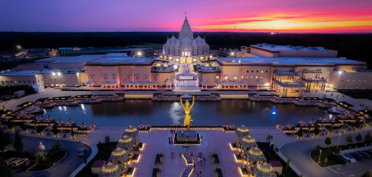 majestic baps temple at dusk in new jersey
