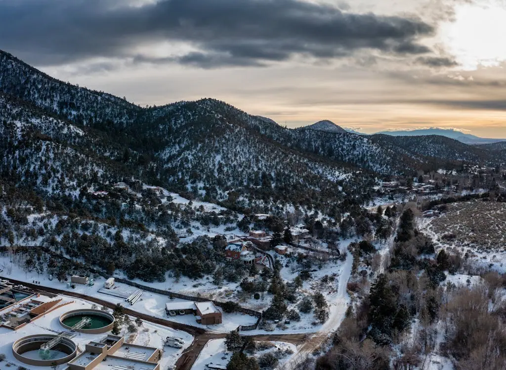 aerial view of a town in a mountain valley in winter