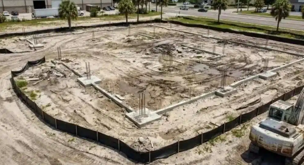 Aerial drone view of commercial development site showing property boundaries and construction layout in Tampa