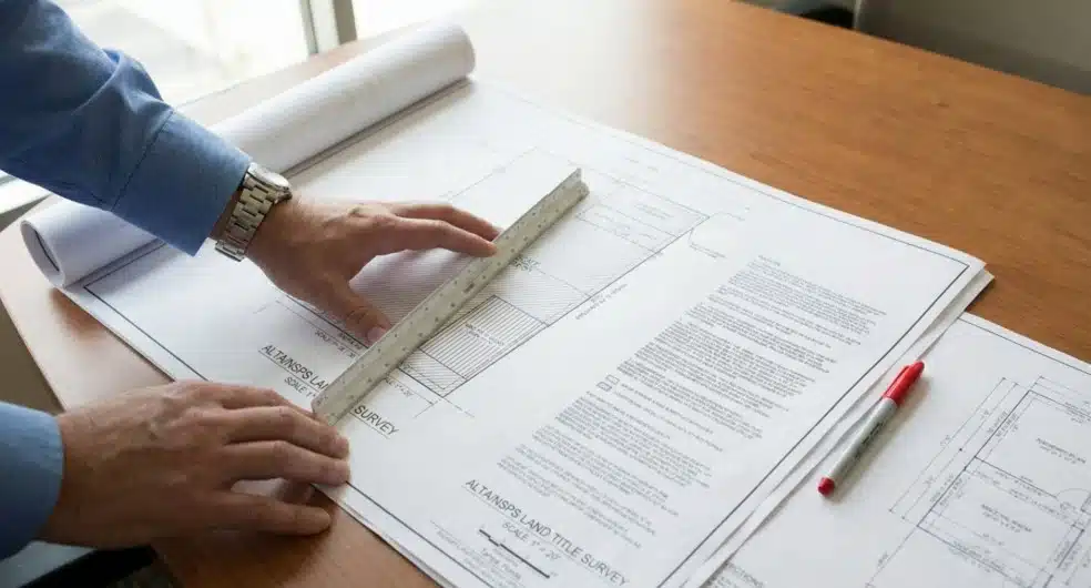 person reviewing ALTA survey documents and site plans