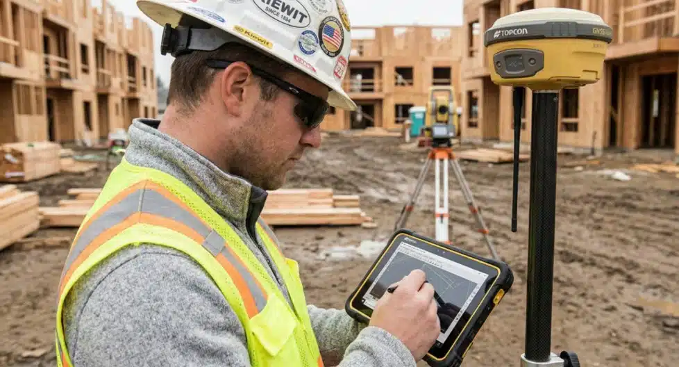 survey team using GPS and robotic total station equipment on Tampa commercial property