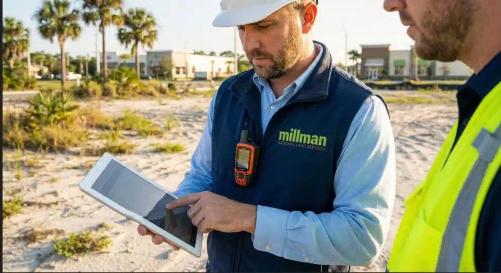 Commercial property survey team using GPS equipment and drones at Cape Coral development site