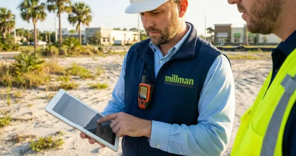 surveyor reviewing digital survey data on tablet at Tampa commercial site