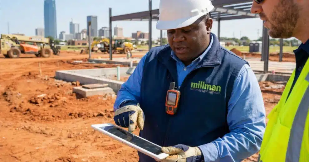 Millman Land surveyor reviewing commercial property boundary data on tablet at Oklahoma City construction site