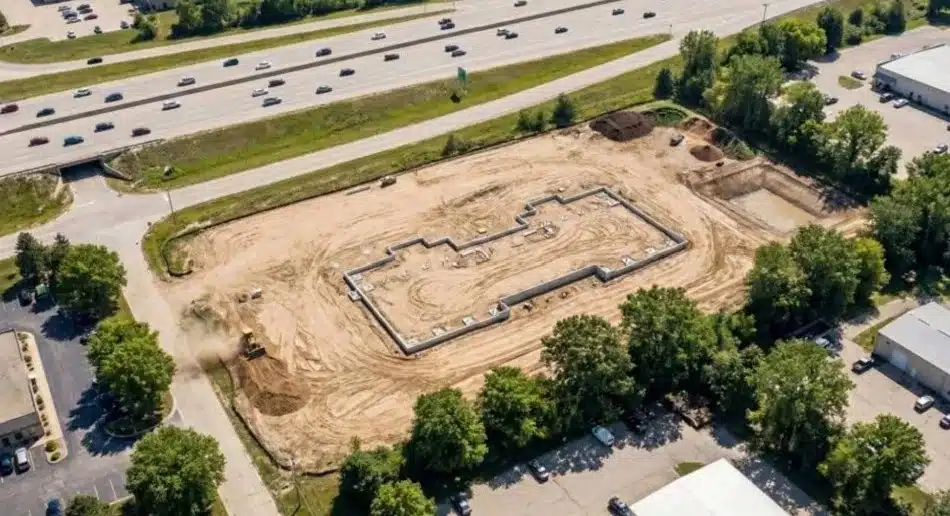 Aerial view of a commercial development site in Madison, Wisconsin showing property boundaries and surrounding infrastructure