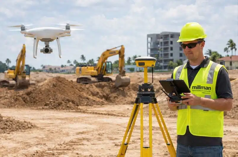 surveyor reviewing commercial site plans with drone footage and GPS data for Cape Coral property