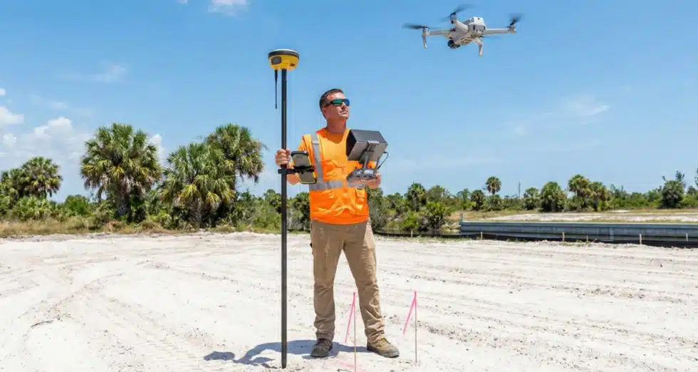 Professional surveyor using modern GPS and drone technology at Cape Coral commercial property