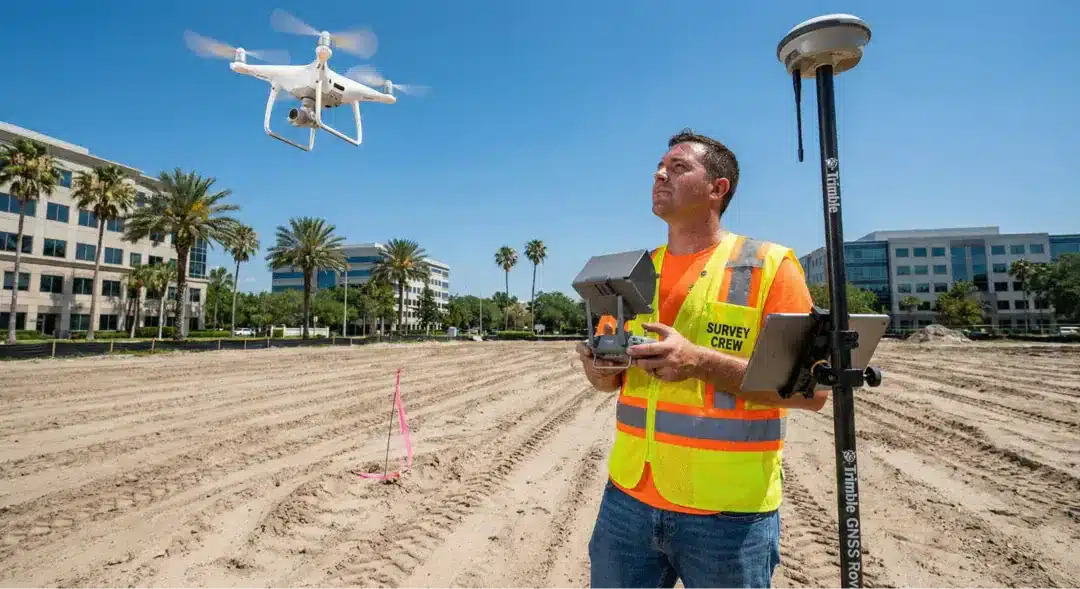 Professional surveyor using GPS equipment and drone technology on commercial property site in Tampa