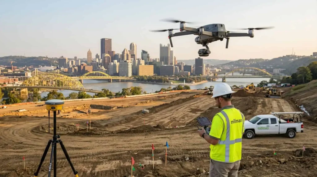 Commercial surveyor actively using advanced drone equipment on a large Pittsburgh construction site