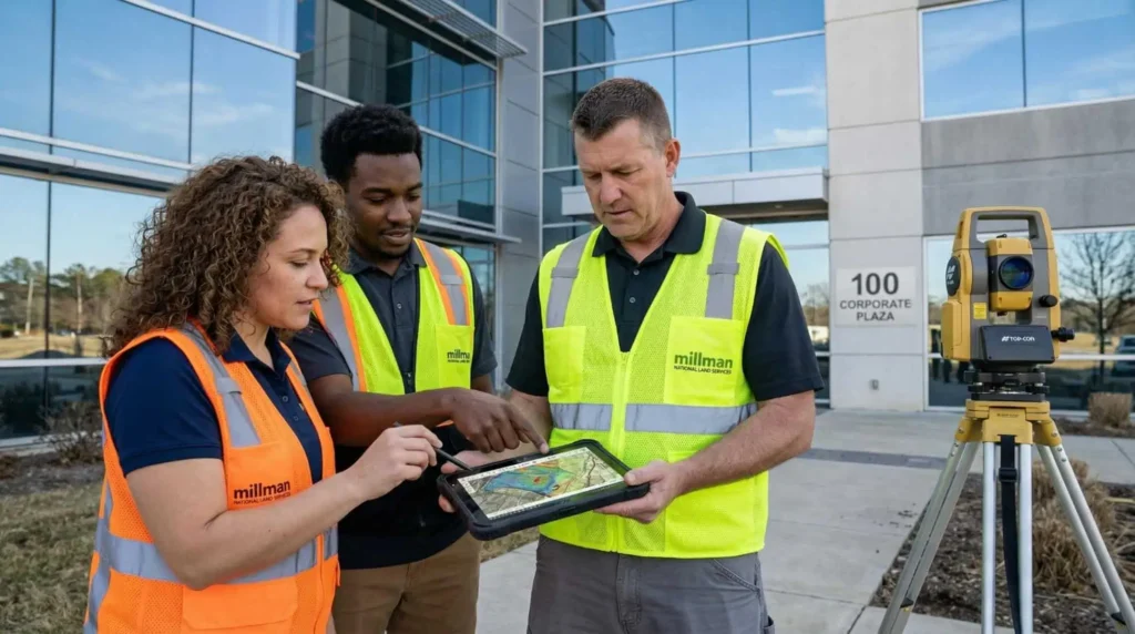 Highly experienced land surveying team analyzing data on a tablet in front of a commercial building