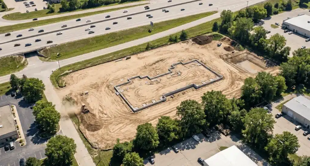 An aerial drone capturing high-resolution commercial land usage data.
