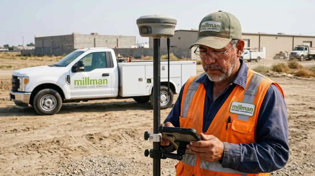 Licensed land surveyor using GPS equipment on a commercial property site in Bakersfield California
Image Source